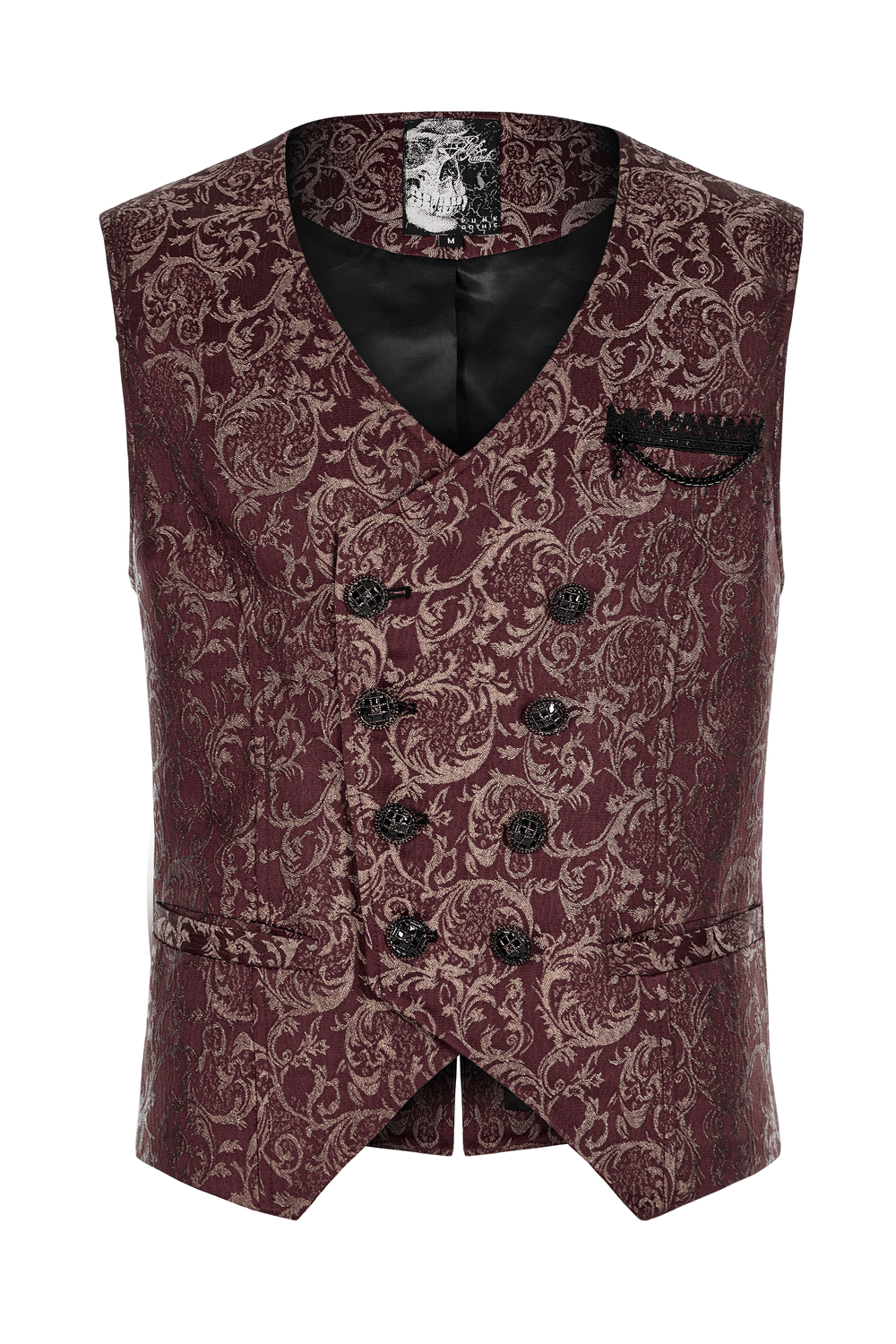 Victorian Elegance Jacquard Goth Waistcoat with hand-sewn buttons and intricate 3D pattern in dark red.