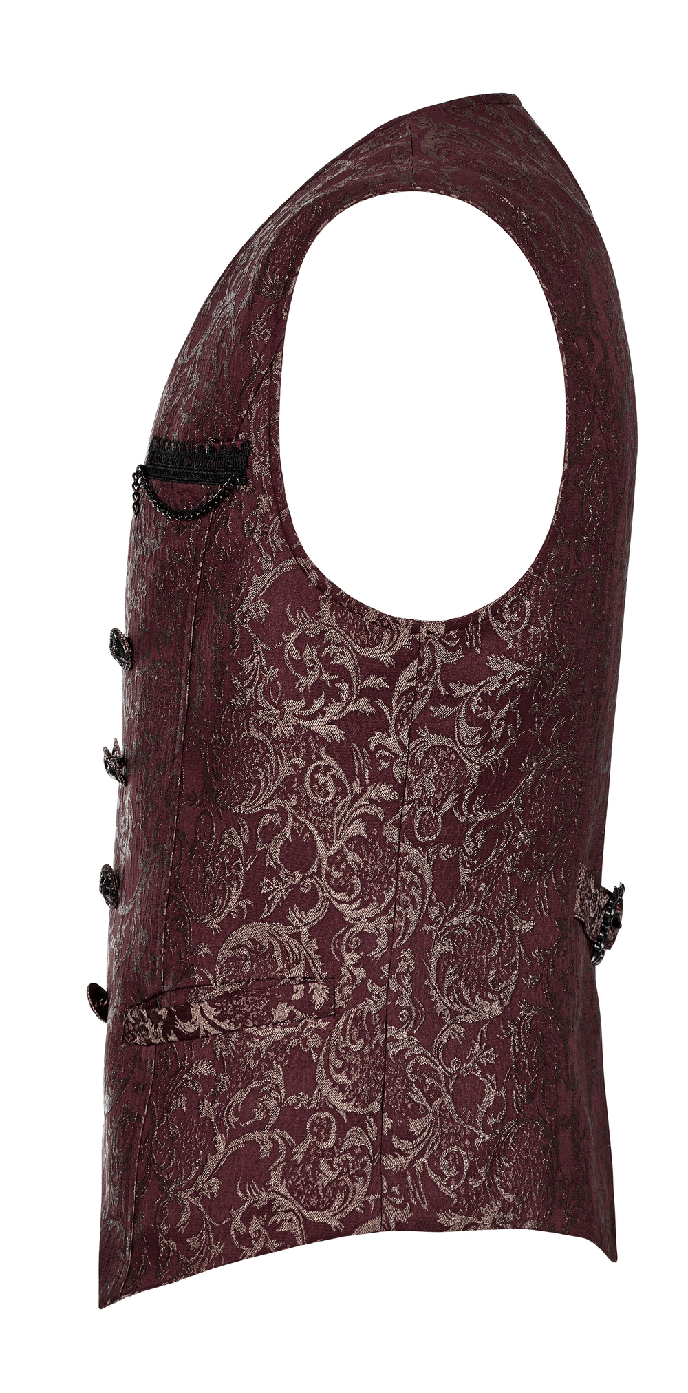 Victorian Elegance Jacquard Goth Waistcoat showcasing a rich 3D patterned fabric and hand-sewn buttons for vintage charm.