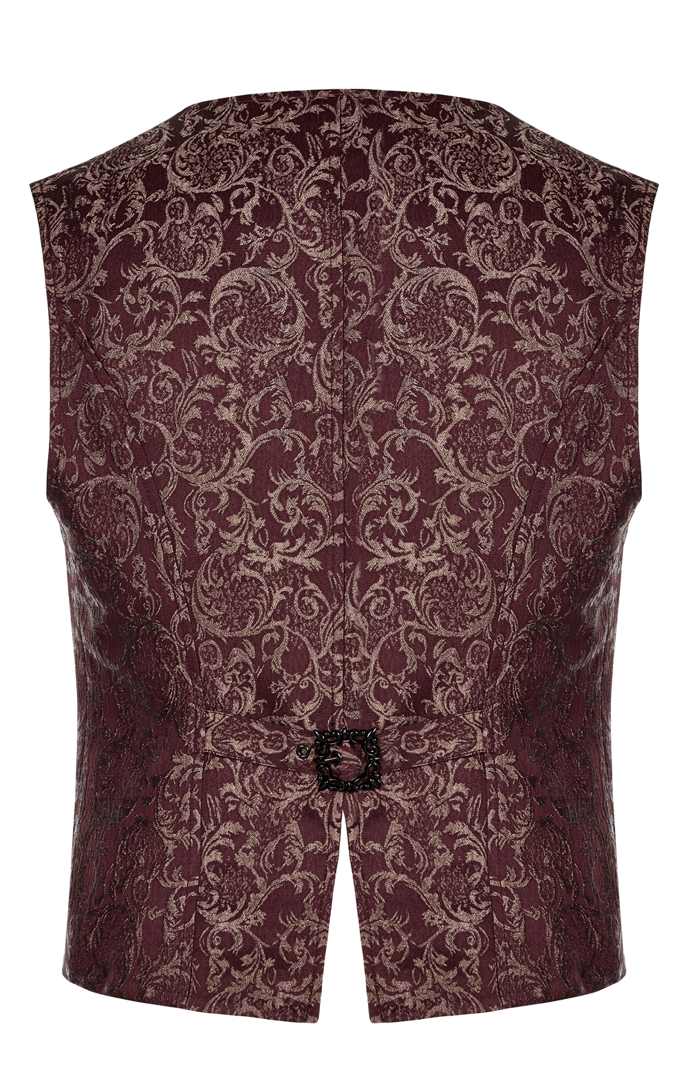 Back view of a Victorian Jacquard Gothic waistcoat, featuring elegant burgundy fabric with intricate gold patterns.