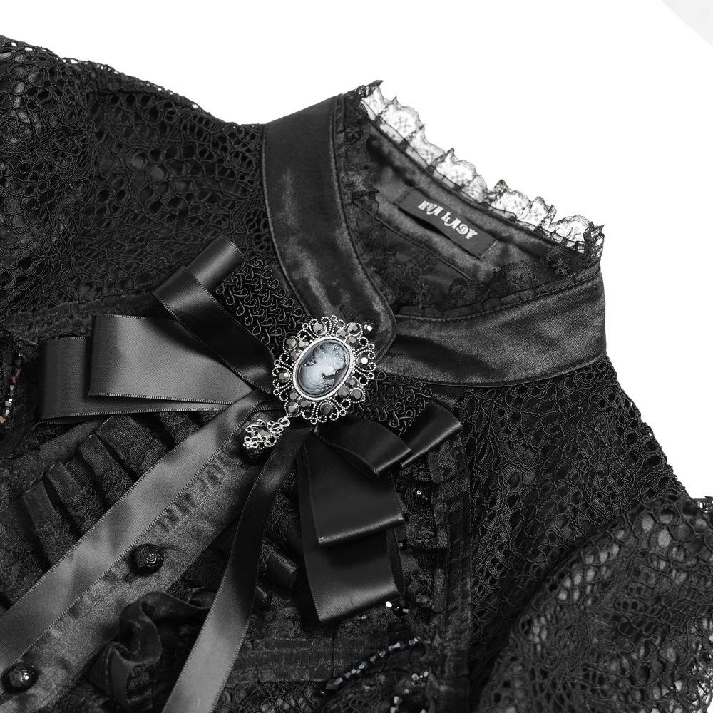 Victorian Elegant Lace Cape with Embellishments showcasing intricate lace details and elegant bow accents.
