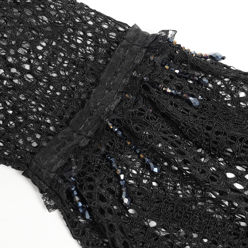 Victorian Elegant Lace Cape with Embellishments showing intricate lace and embellished ruffled details.