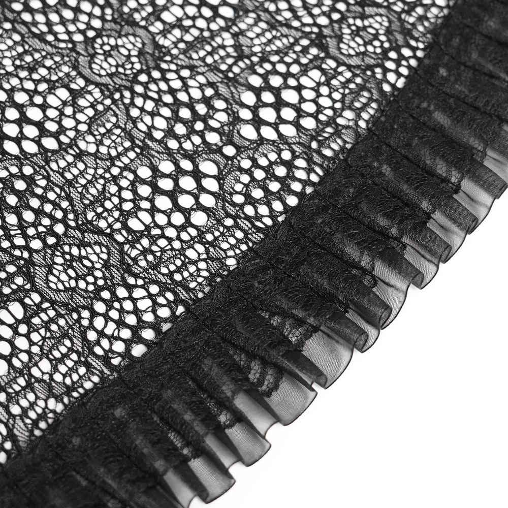 Victorian Elegant Lace Cape with Embellishments showing detailed black lace and ruffled edge for a gothic touch.