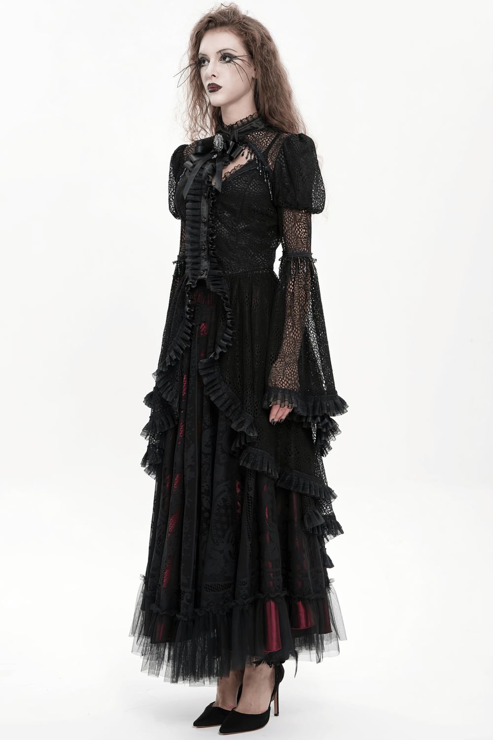 Victorian Elegant Lace Cape with Embellishments worn by a model, showcasing gothic elegance and dramatic details.