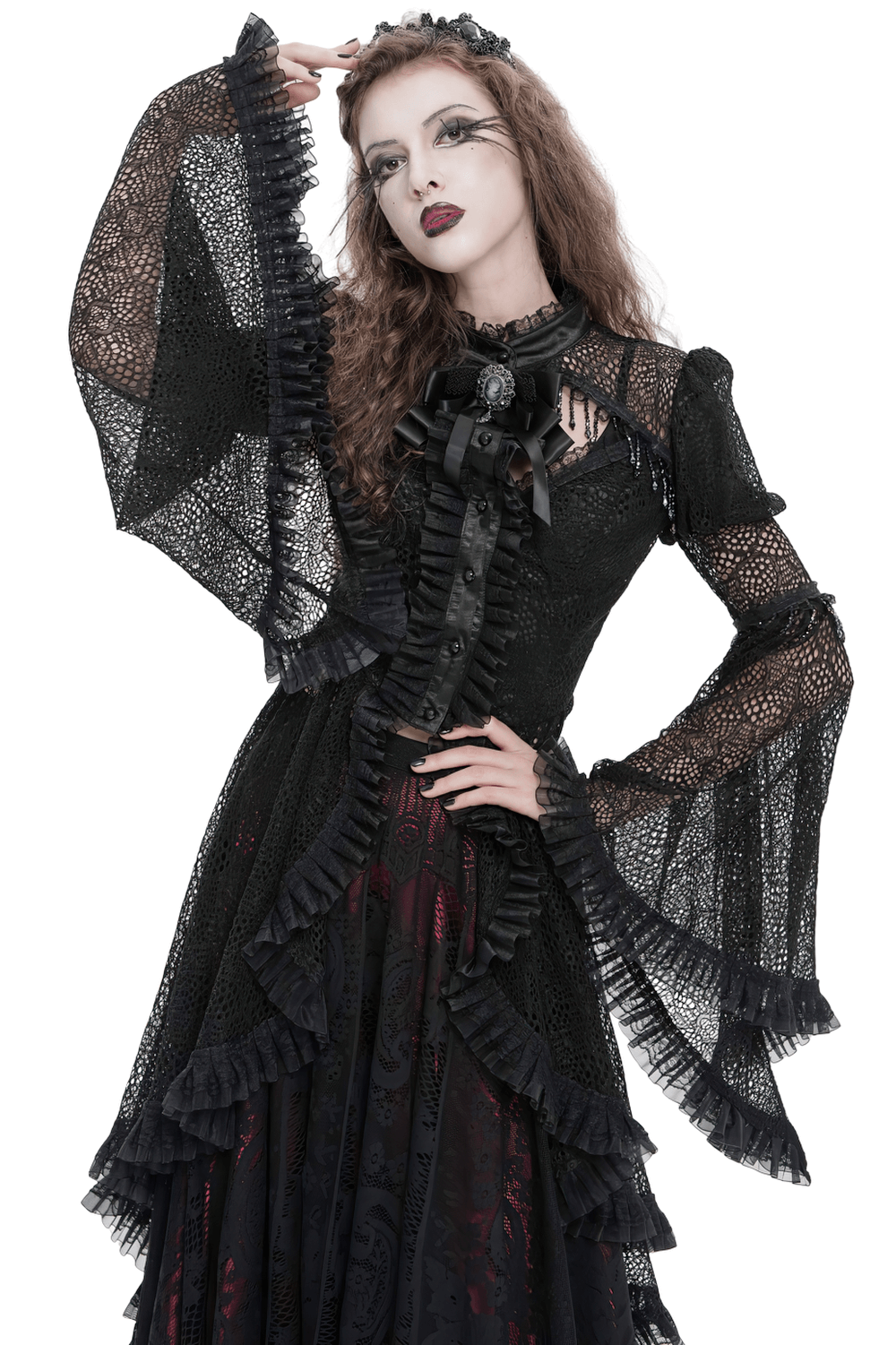 Victorian Elegant Lace Cape with Embellishments worn by model, showcasing gothic style and elegant details.