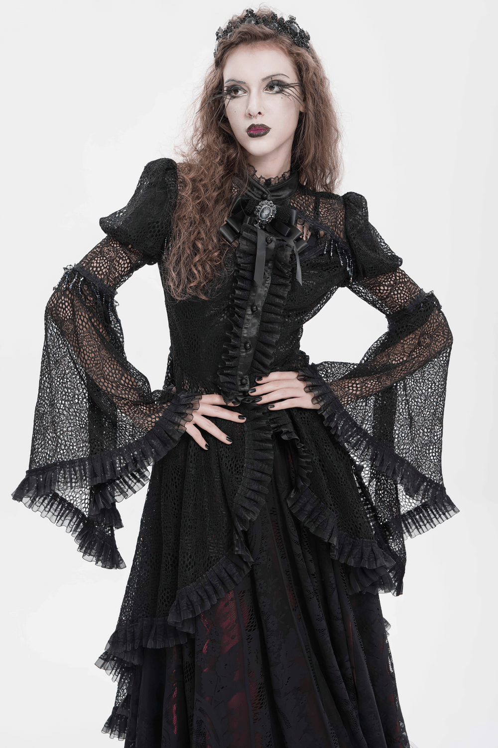 Victorian Elegant Lace Cape with Embellishments worn by a model showcasing gothic style and elegant details.