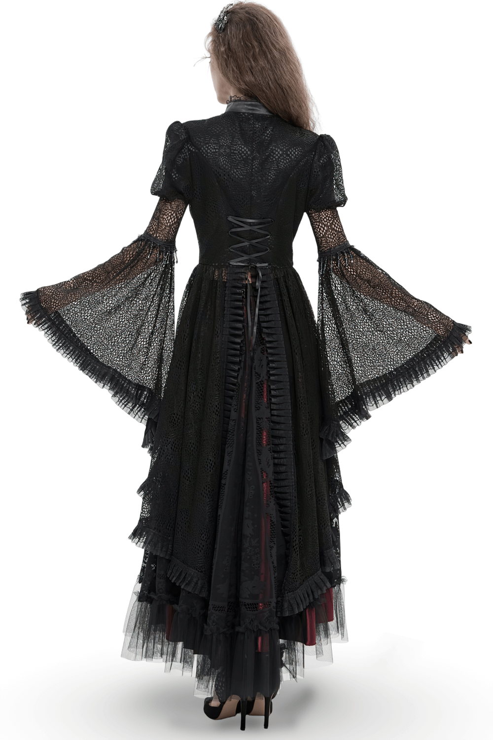 Victorian Elegant Lace Cape with Embellishments showcasing elegant ruffles and flowing sleeves from the back view.