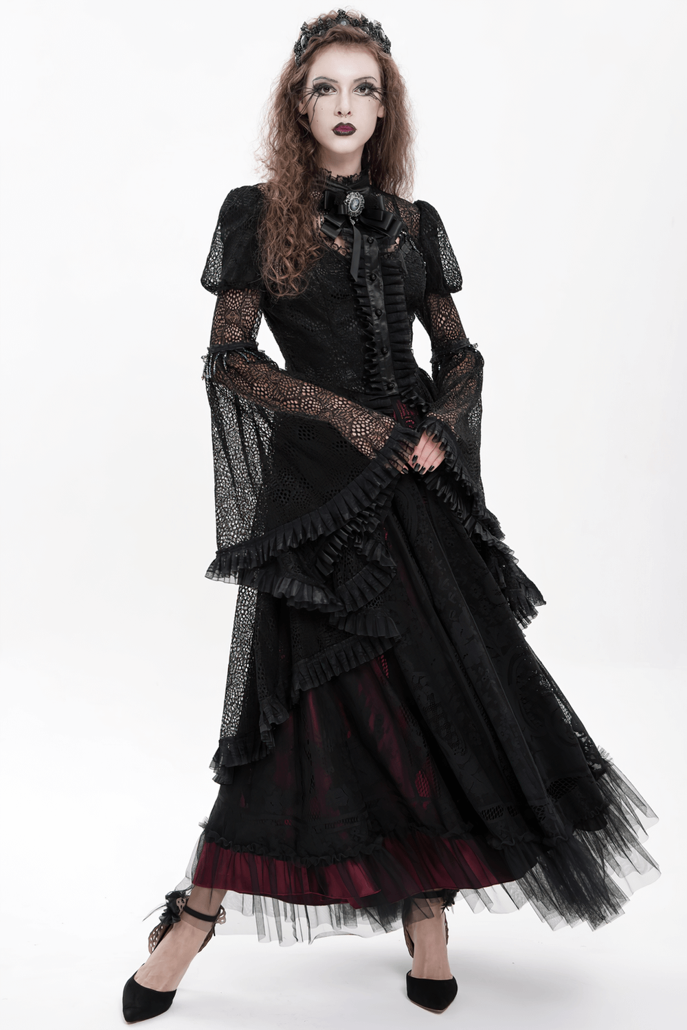 Victorian Elegant Lace Cape with Embellishments, showcasing a gothic style with dramatic layers and flowing sleeves.