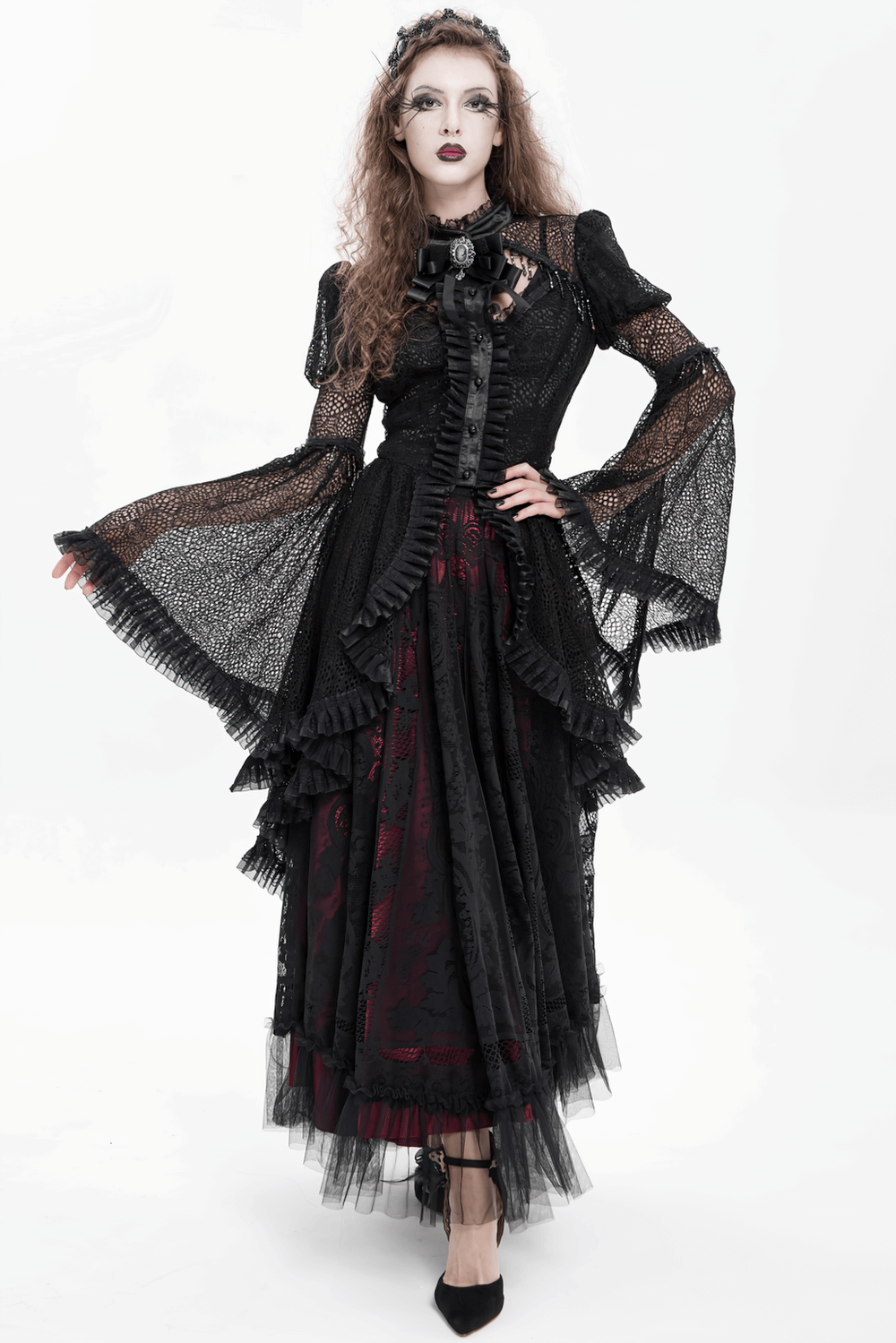 Victorian Elegant Lace Cape with Embellishments worn by model in a dramatic gothic pose.