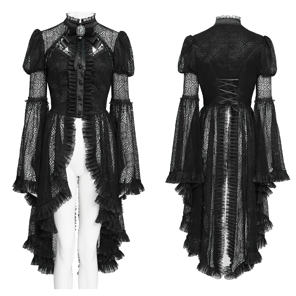 Victorian Elegant Lace Cape with Embellishments showcasing intricate design and ruffled layers in black.