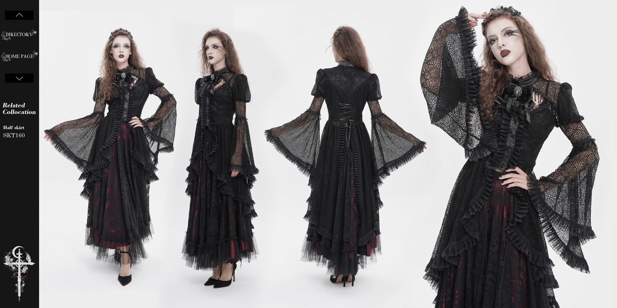 Victorian Elegant Lace Cape with Embellishments showcased in gothic style with ruffled layers and flowing sleeves.
