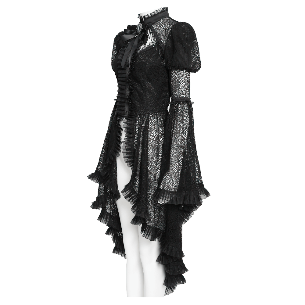 Victorian Elegant Lace Cape with Embellishments showcasing ruffled layers and flowing sleeves, perfect for gothic occasions.