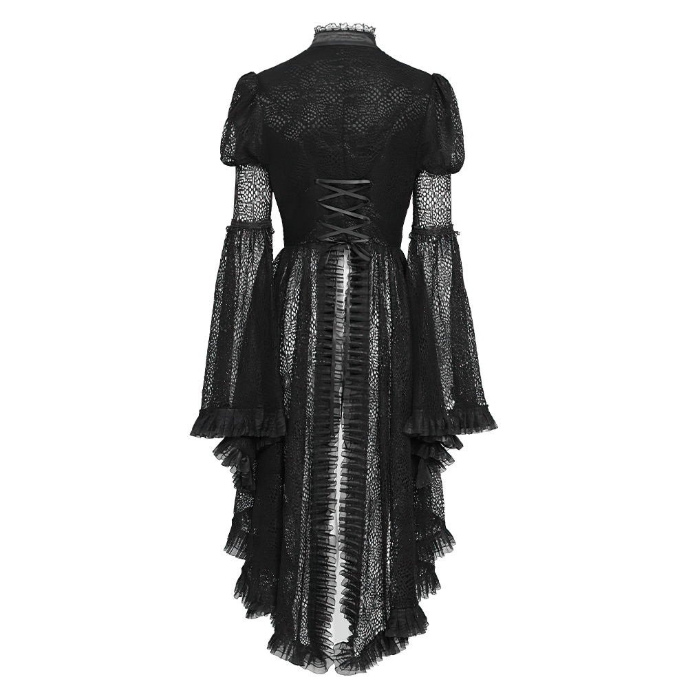 Victorian Elegant Lace Cape with Embellishments back view showcasing ruffled layers and corset-style design.