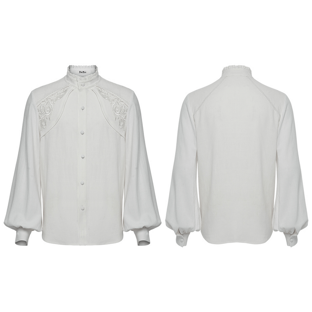 Victorian Embroidered White Shirt with Puff Sleeves displayed from the front and back view.