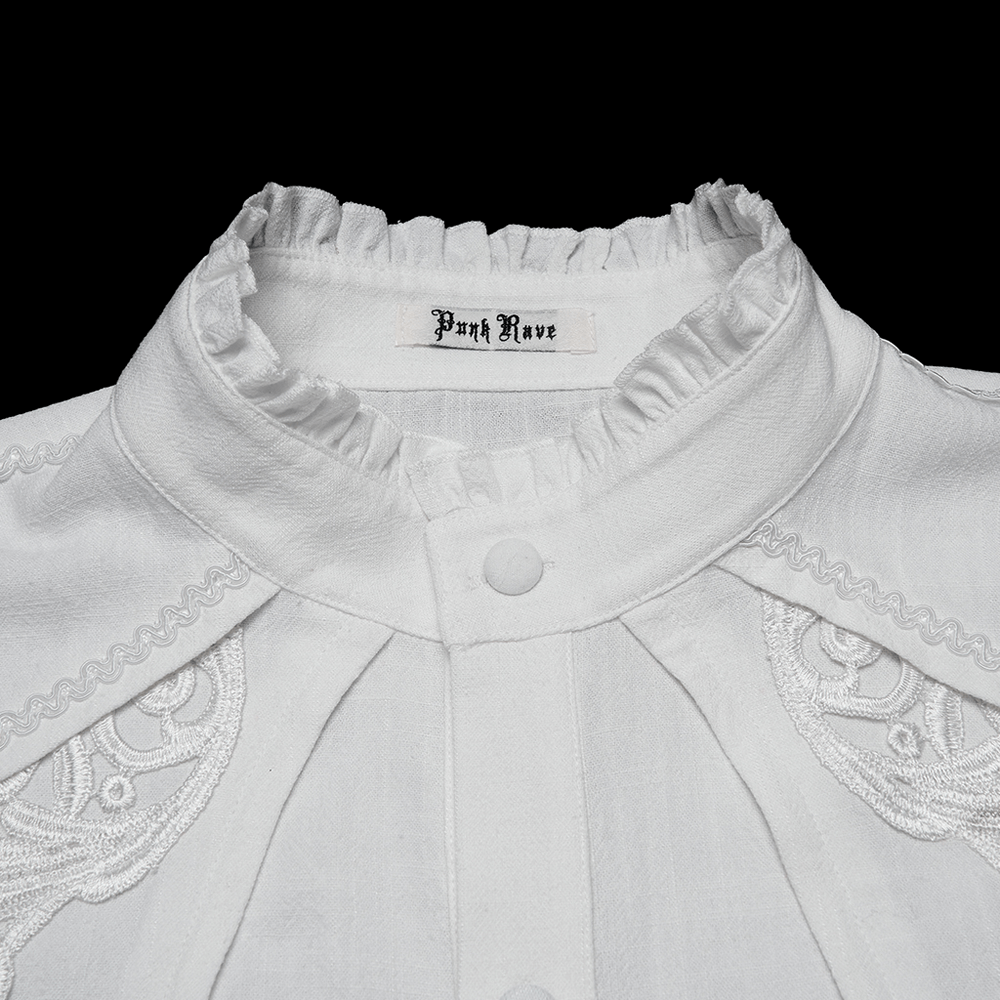 Victorian Embroidered White Shirt with Puff Sleeves featuring intricate embroidery and a stylish collar.