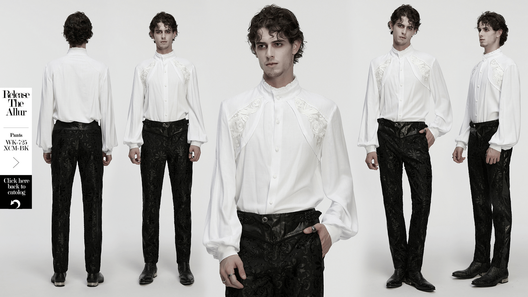 Victorian Embroidered White Shirt with Puff Sleeves showcased in various angles.