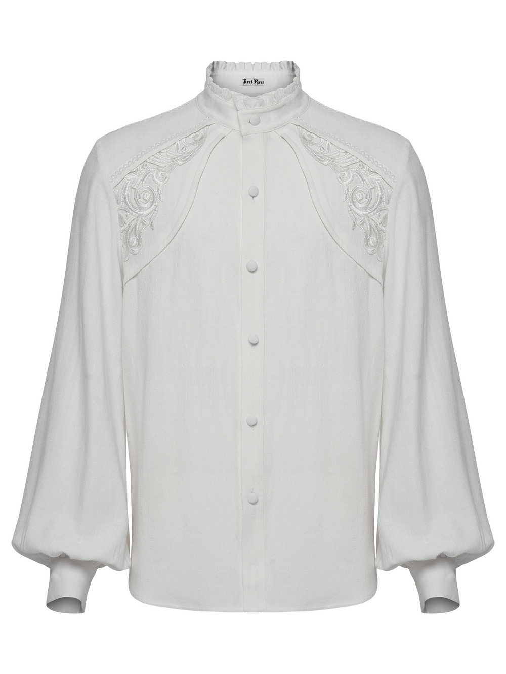 Victorian Embroidered White Shirt with Puff Sleeves showcasing intricate embroidery and elegant puffed sleeves.