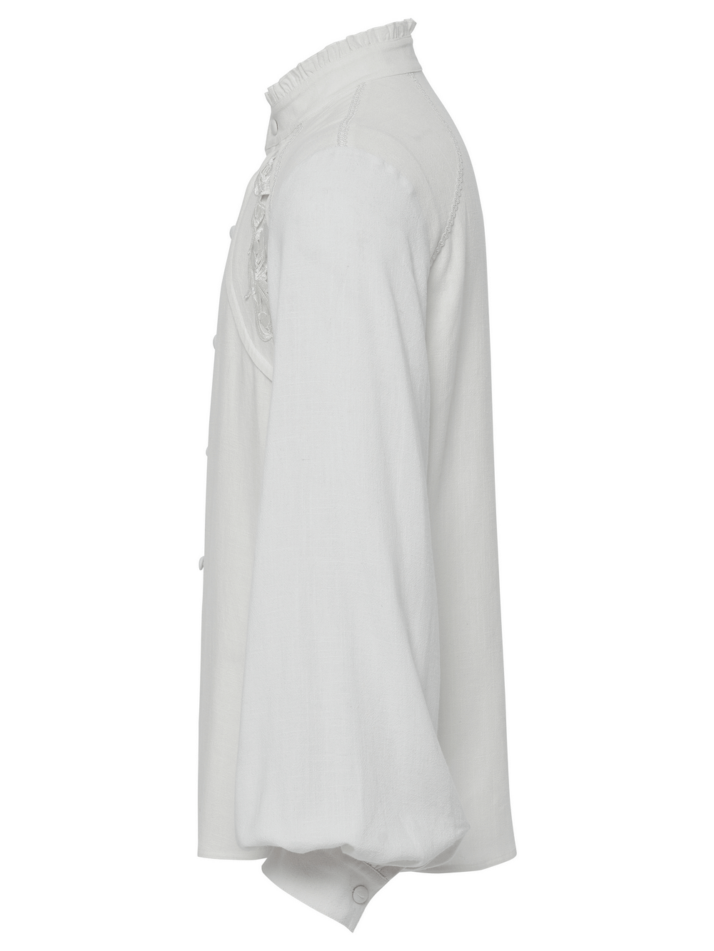Victorian Embroidered White Shirt with Puff Sleeves side view showcasing elegant design and flattering fit.