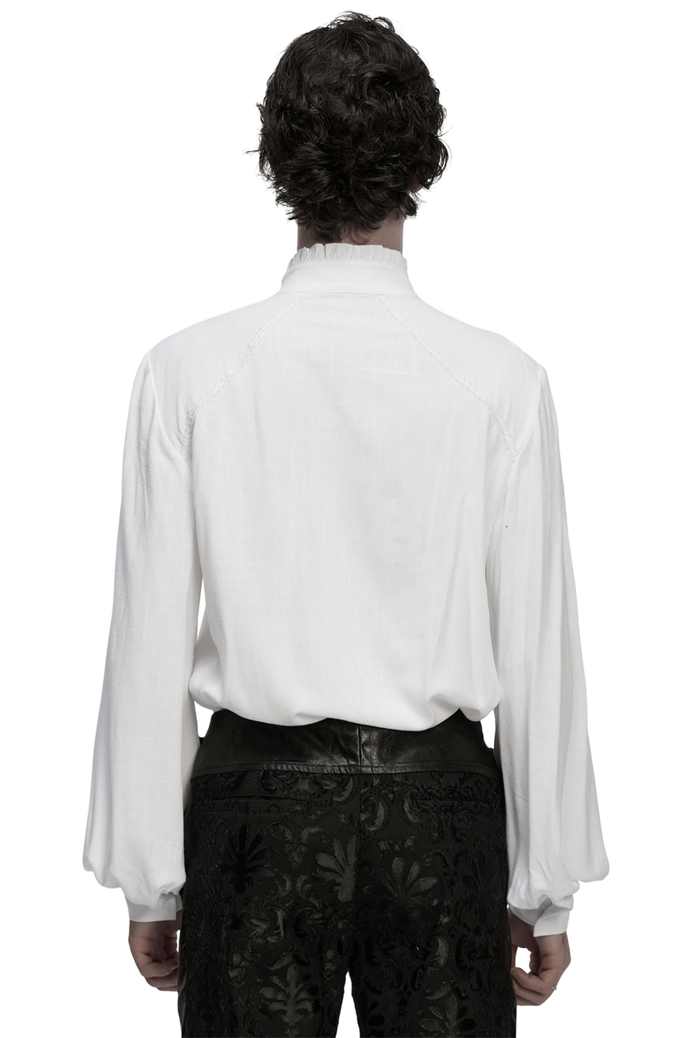 Victorian Embroidered White Shirt with Puff Sleeves, viewed from the back, showcasing elegant design and puff sleeves.