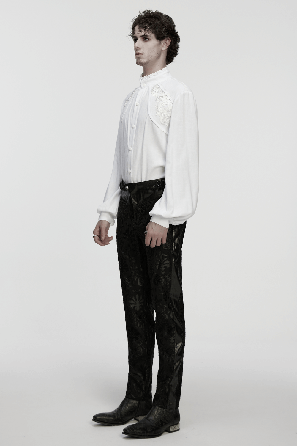 Victorian Embroidered White Shirt with Puff Sleeves worn by a model, showcasing elegant design and style.