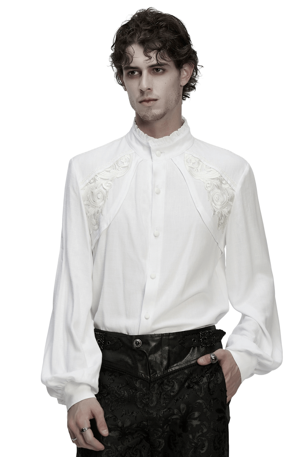 Victorian Embroidered White Shirt with Puff Sleeves displayed on a model in elegant attire.