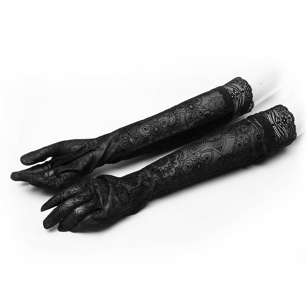 Victorian Flocking Mesh Lace Gloves with Arch Cuff, elegant Gothic mittens, fingerless design, stylish everyday wear.