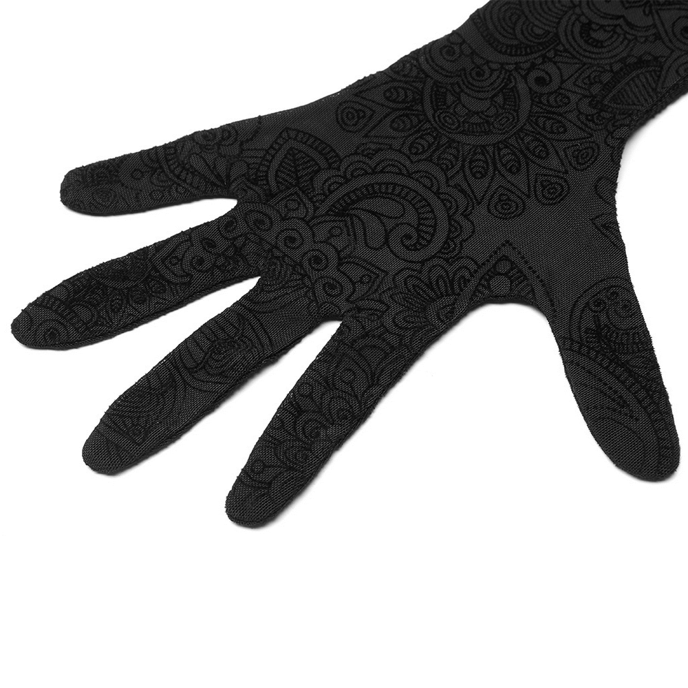 Elegant black Victorian lace gloves featuring intricate flocking mesh design and fingerless style.