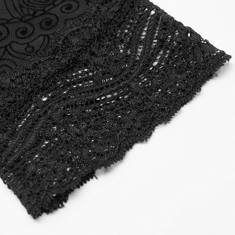 Close-up of the arch lace cuff on Victorian flocking mesh lace gloves, showcasing intricate black lace details.