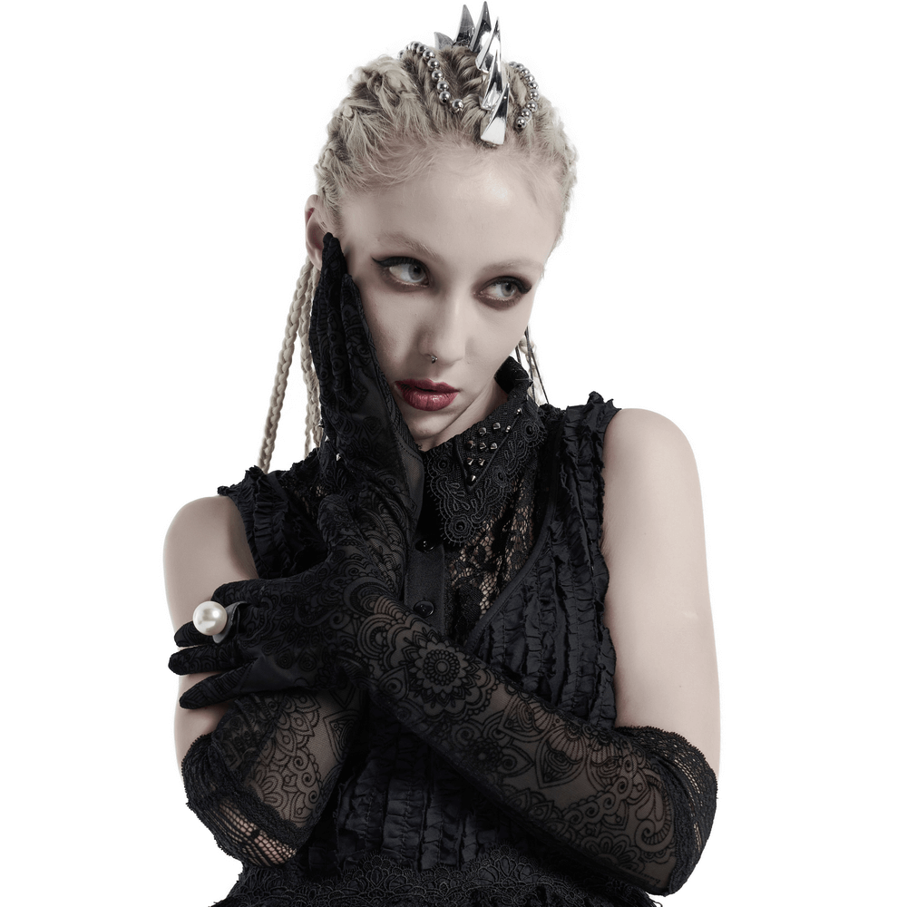 Victorian flocking mesh lace gloves shown on a model, highlighting gothic elegance and fingerless design for stylish everyday wear.