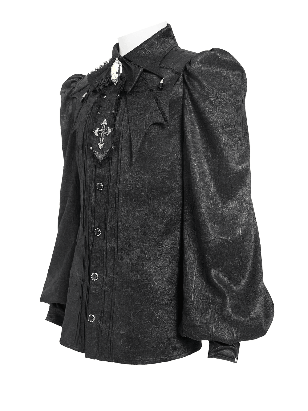 Victorian Goth Button Shirt With Cameo and Cross Brooch featuring puff sleeves and bat details.