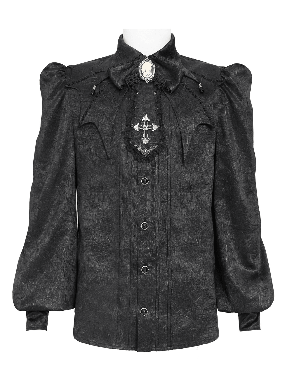 Victorian Goth Button Shirt With Cameo and Cross Brooch featuring puff sleeves and bat wing details.