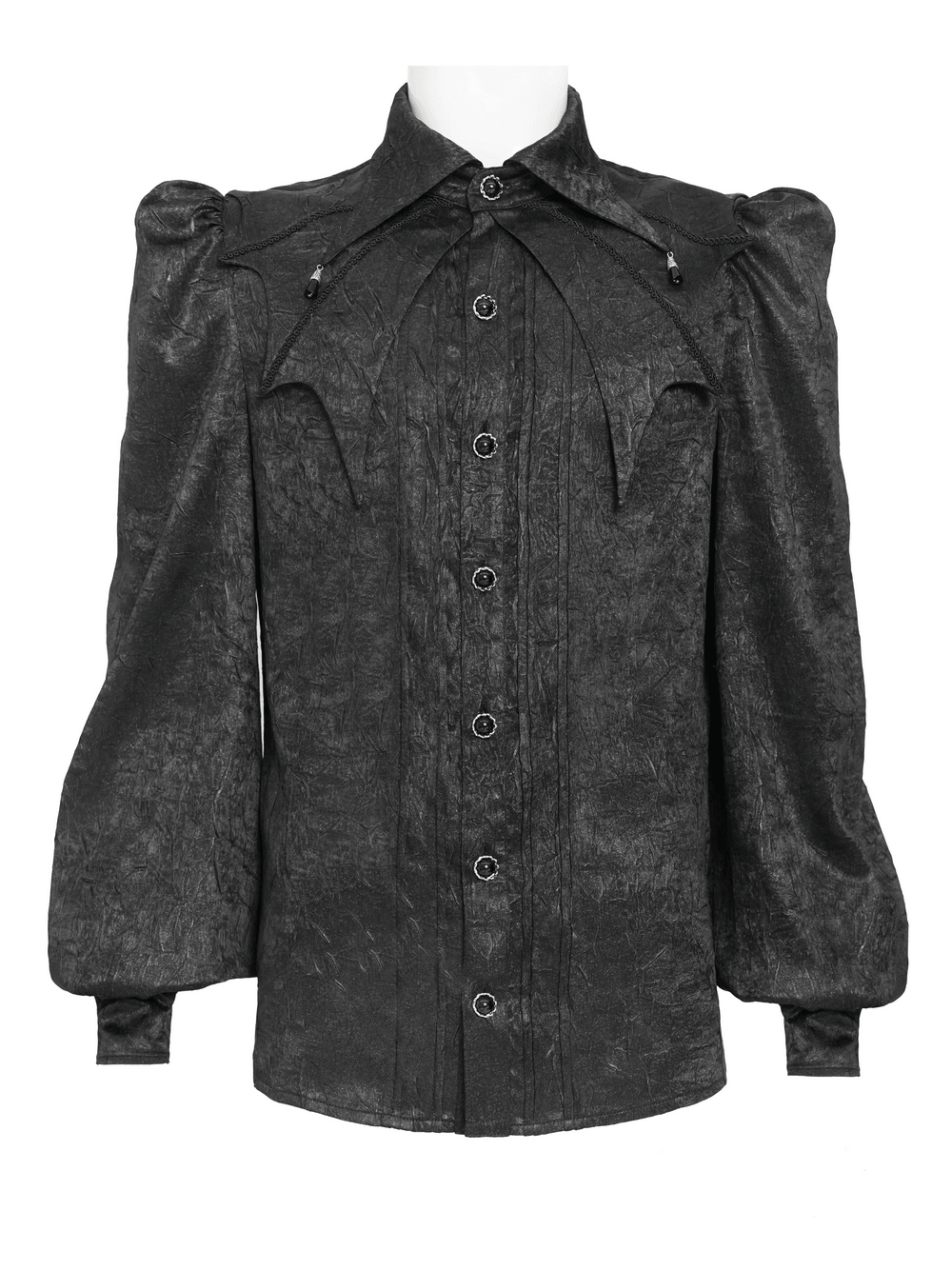 Victorian Goth Button Shirt With Cameo and Cross Brooch in black with puff sleeves and pointed collar.