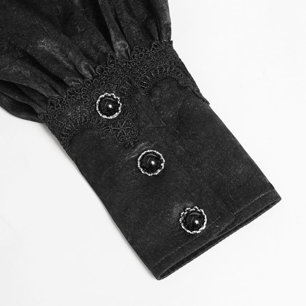 Victorian Goth Button Shirt With Cameo and Cross Brooch cuff detail featuring elegant black buttons and lace trim.
