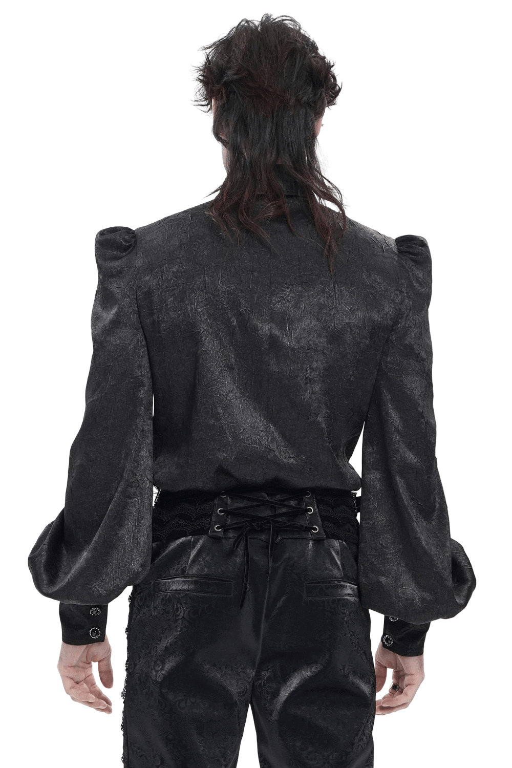 Victorian Goth Button Shirt With Cameo and Cross Brooch, back view showcasing puff sleeves and textured fabric.