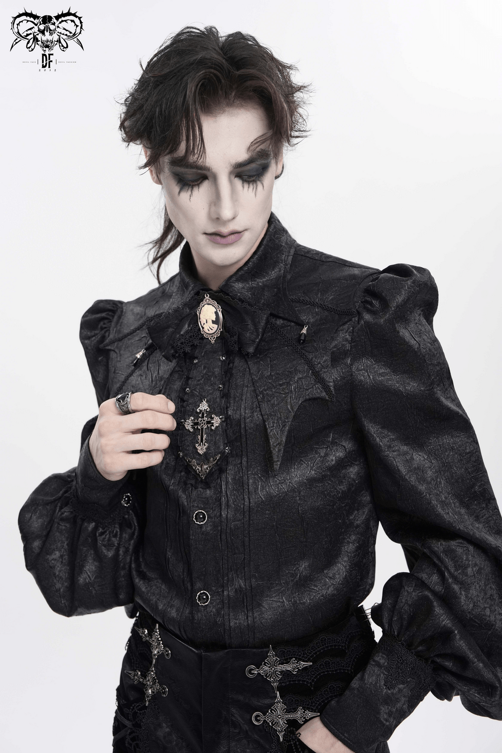Victorian Goth Button Shirt With Cameo and Cross Brooch worn by model with dramatic makeup and bat details.