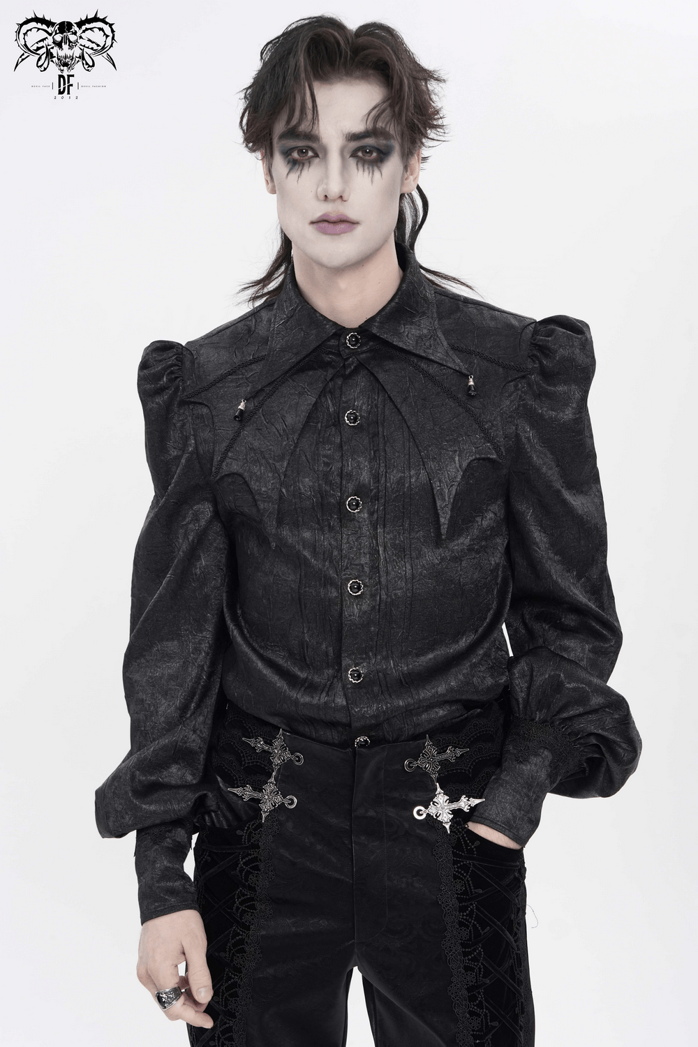 Victorian Goth Button Shirt With Cameo and Cross Brooch worn by model with gothic makeup and bat details.