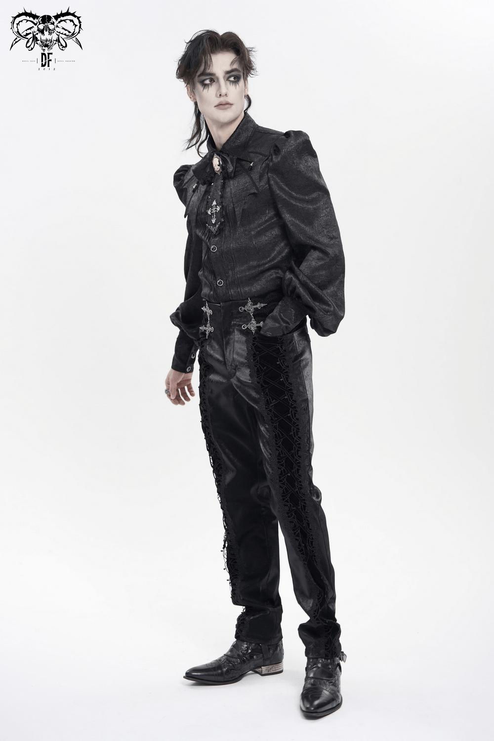 Victorian Goth Button Shirt With Cameo and Cross Brooch worn by a model in a dark aesthetic outfit.
