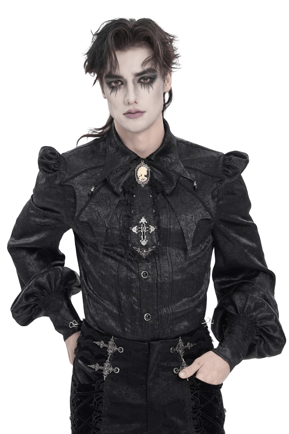 Victorian Goth Button Shirt With Cameo and Cross Brooch worn by model, featuring puff sleeves and gothic detailing.