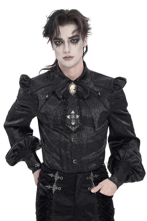 Victorian Goth Button Shirt With Cameo and Cross Brooch