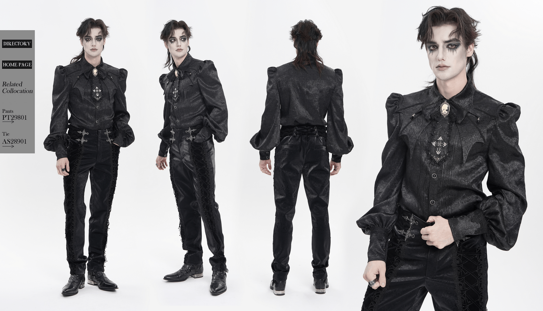 Model showcasing the Victorian Goth Button Shirt With Cameo and Cross Brooch, styled with black pants and dramatic makeup.