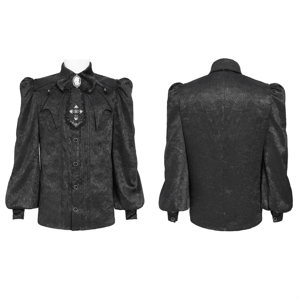 Victorian Goth Button Shirt With Cameo and Cross Brooch showcasing puff sleeves and bat details in black.