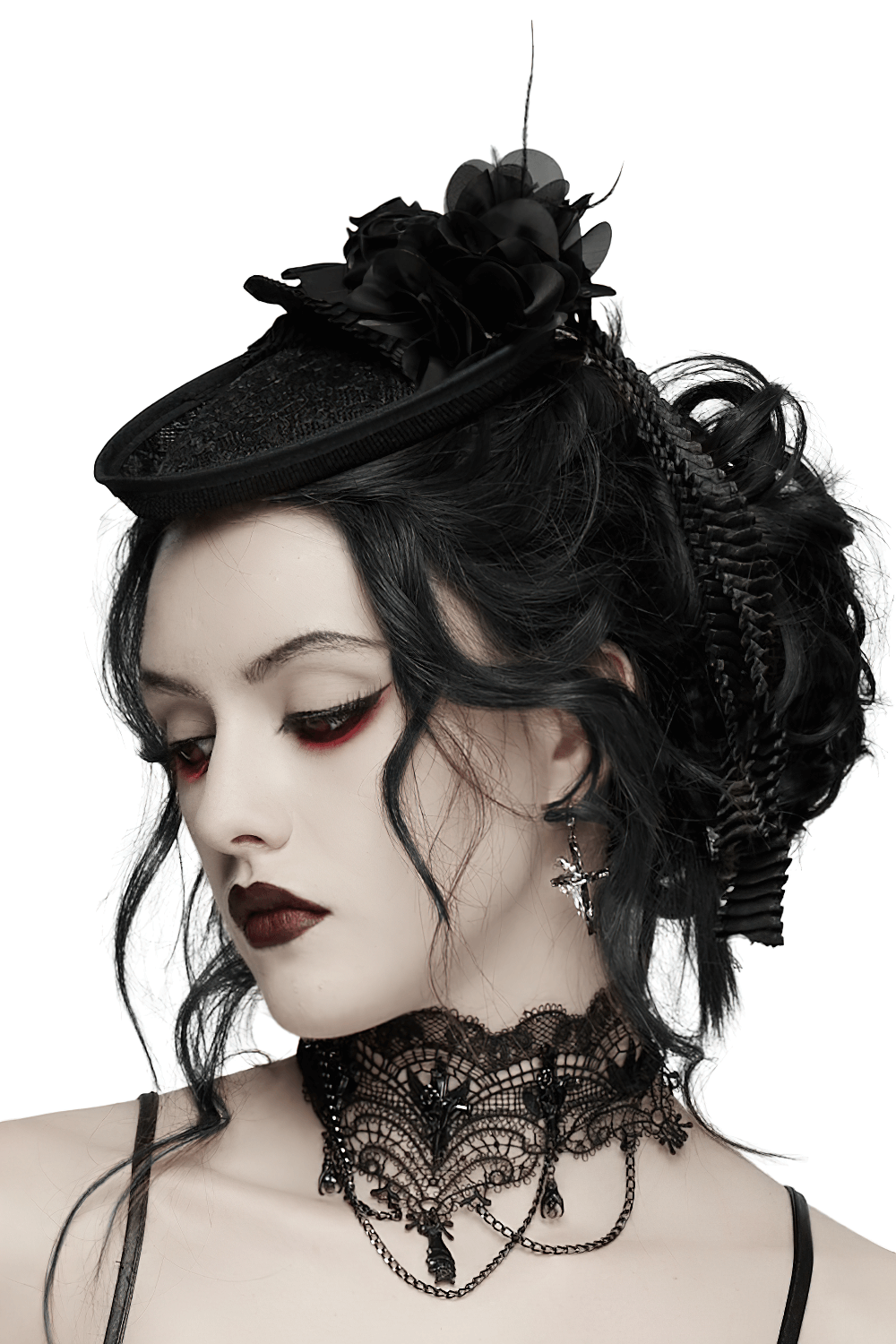 Victorian Goth Rose Fascinator Hat with Ribbon Clip worn by a model, showcasing elegance and gothic style.