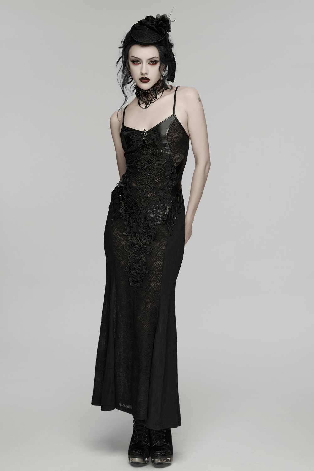 Victorian Goth Rose Fascinator Hat with Ribbon Clip styled with a black lace gown and gothic accessories.