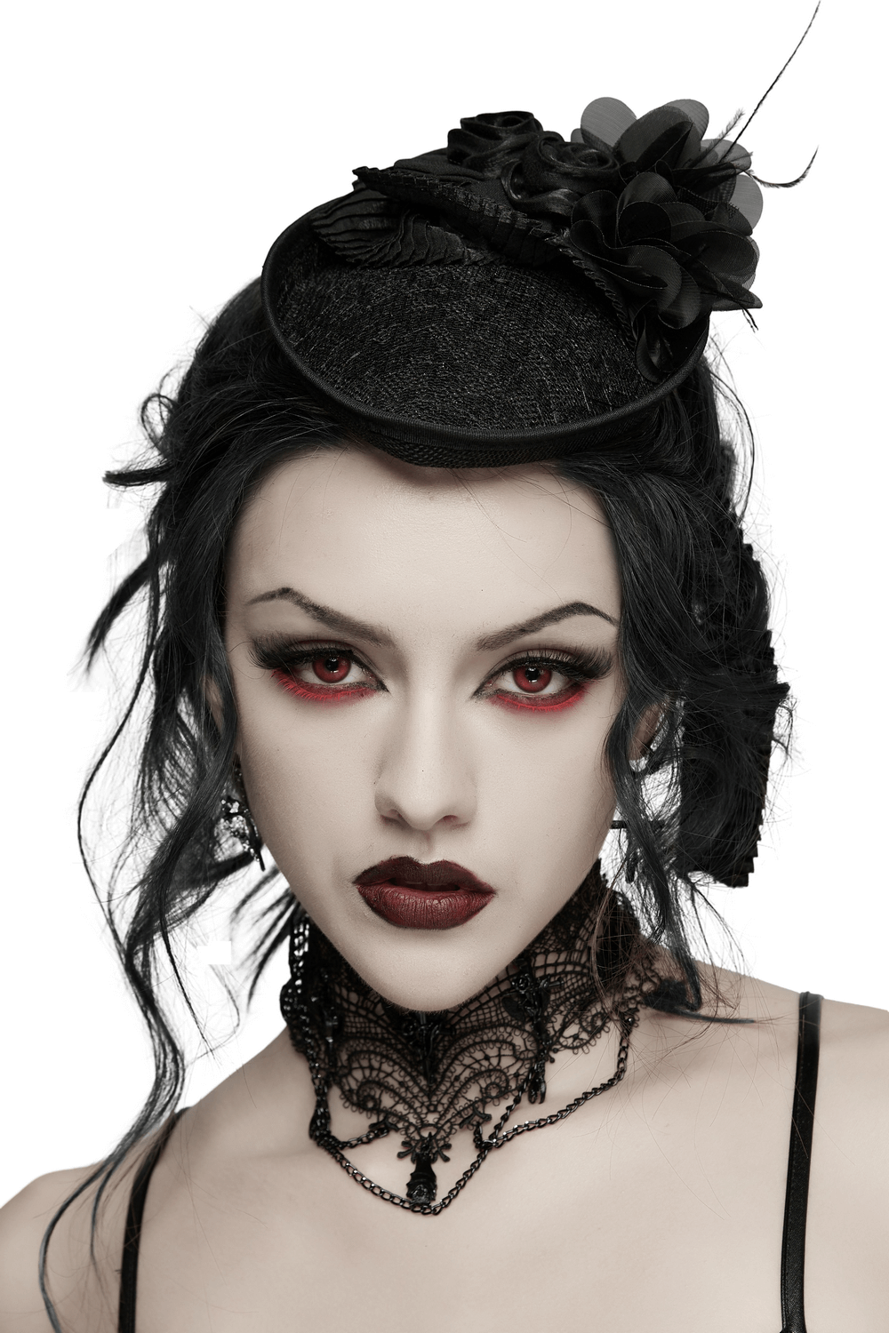 Victorian Goth Rose Fascinator Hat with Ribbon Clip worn by a model with dramatic makeup and a sophisticated lace choker.