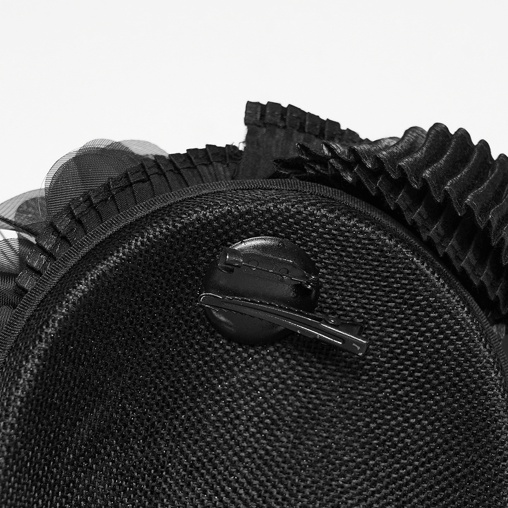 Close-up of the Victorian Goth Rose Fascinator Hat with Ribbon Clip showcasing the black duckbill clip and ribbon details.