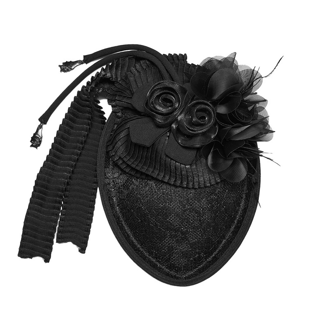 Victorian Goth Rose Fascinator Hat with Ribbon Clip, black headpiece with roses and layered petals for formal looks.