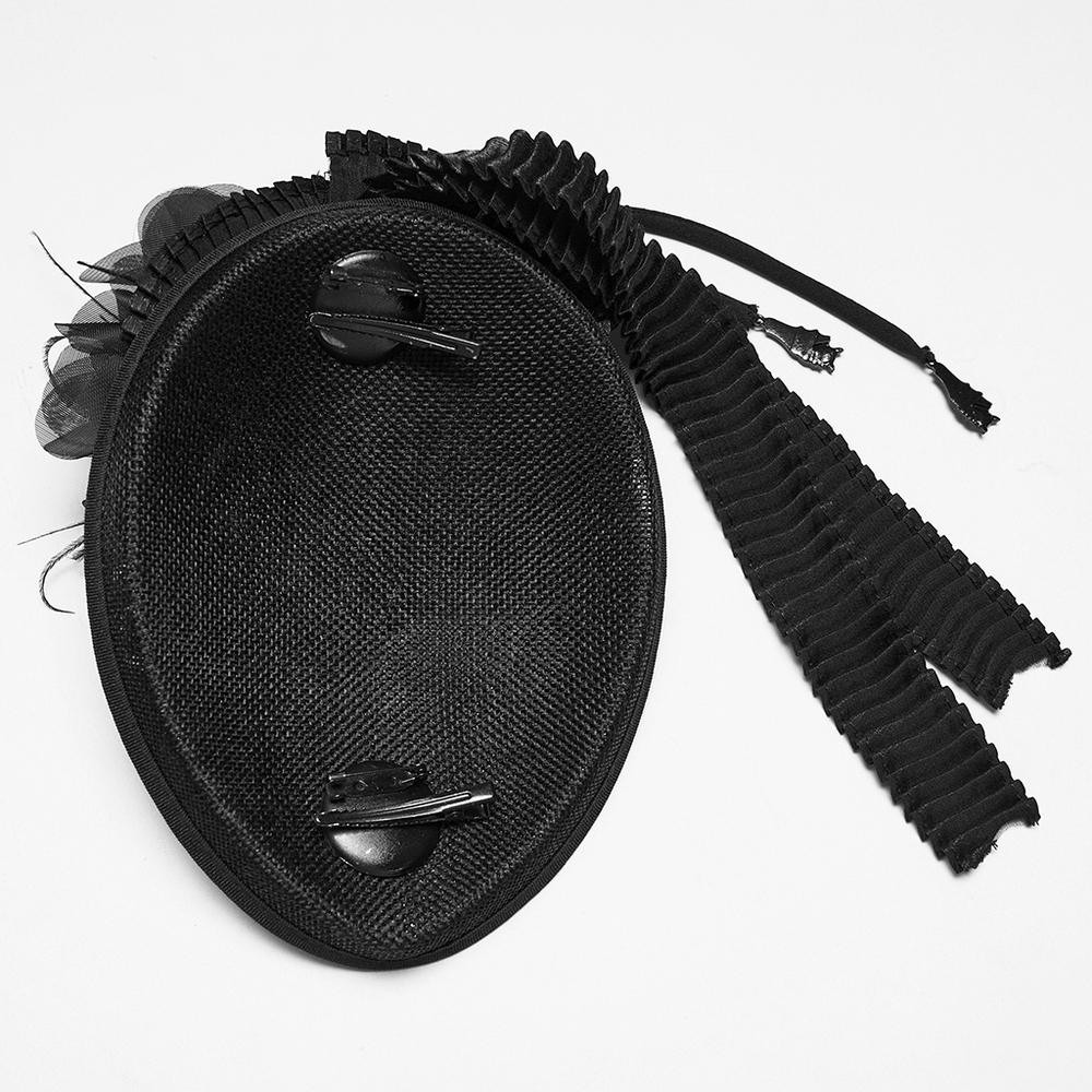 Victorian Goth Rose Fascinator Hat with Ribbon Clip back view showing clips and textured fabric details.
