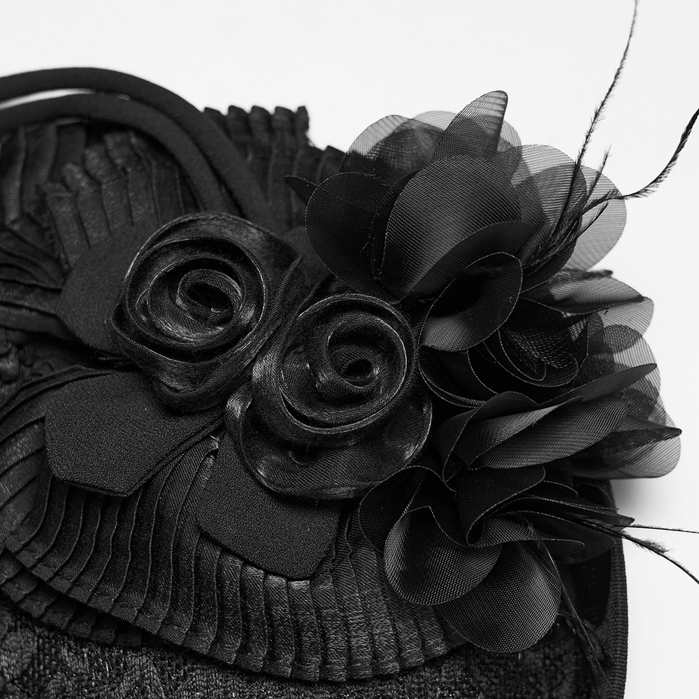 Victorian Goth Rose Fascinator Hat with Ribbon Clip featuring black roses and sheer petals.