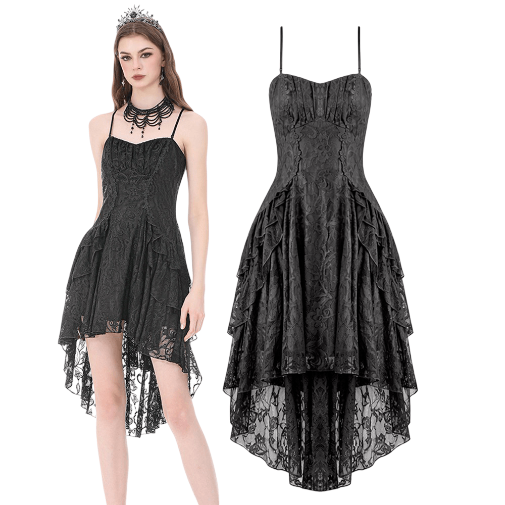 Victorian Goth Tiered Midi Dress With Sheer Floral Skirt