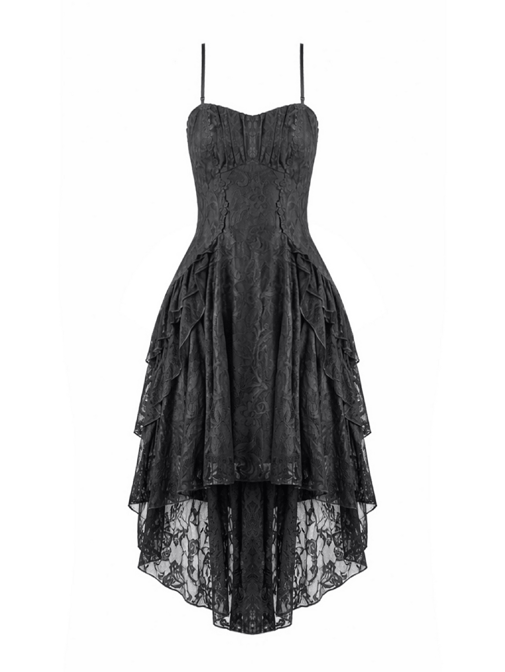 Victorian Goth Tiered Midi Dress With Sheer Floral Skirt