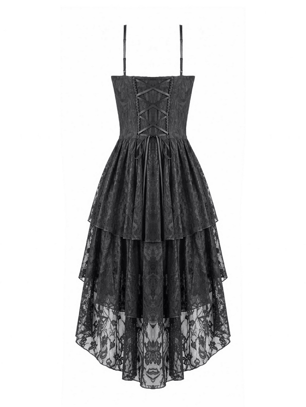 Victorian Goth Tiered Midi Dress With Sheer Floral Skirt